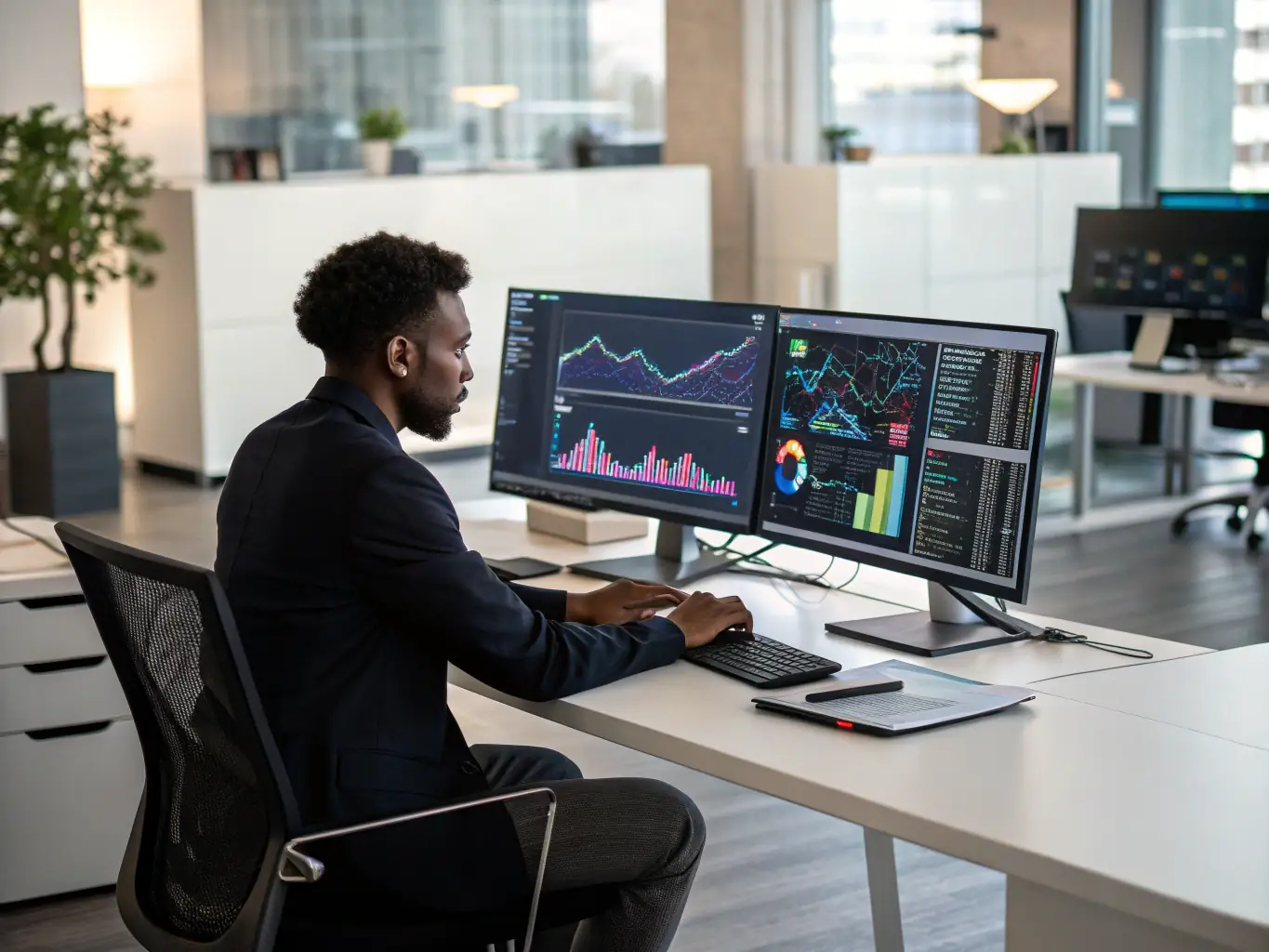 A professional workspace with a data analyst reviewing a detailed B2B contact list on a large monitor, showcasing various data points like email addresses, phone numbers, and LinkedIn profiles, emphasizing the depth of information provided by Pixel Capture's high-intent data lists.